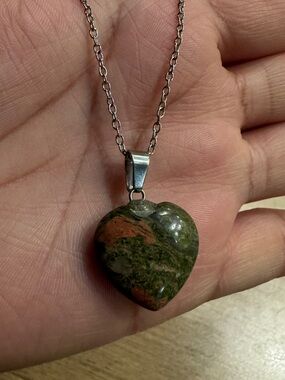 Natural Unakite Stone Heart Pendant Necklace - Women Jewelry